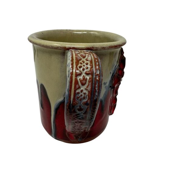 Handcrafted Ceramic Coffee Mug Redware Drip Glaze Rustic Cross Floral Handle - Picture 3 of 16